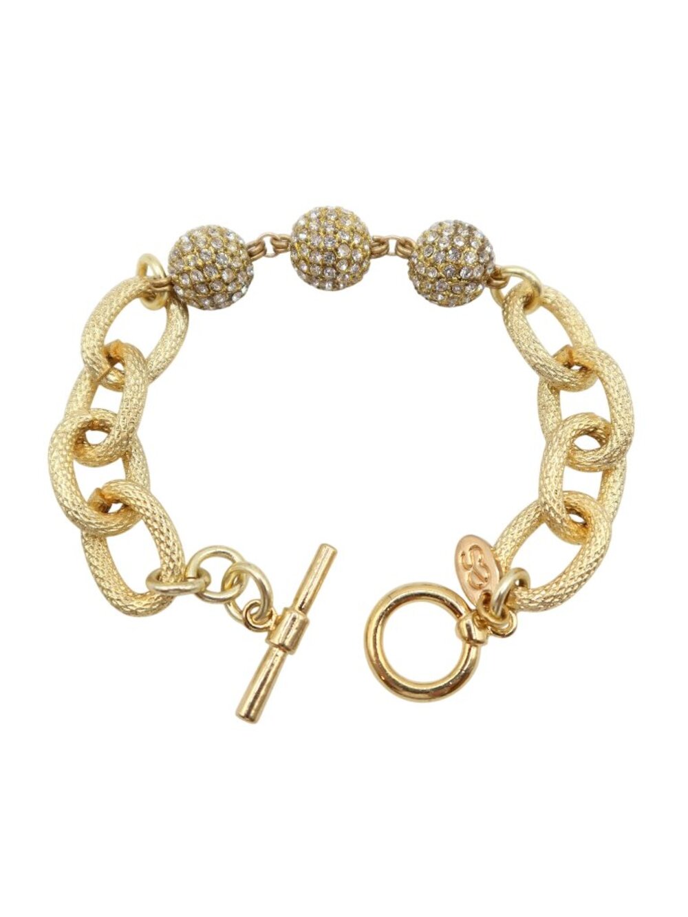 es Chunky Gold Tone Pave Crystal Fireball Textured Chain Bracelet Classic Preppy